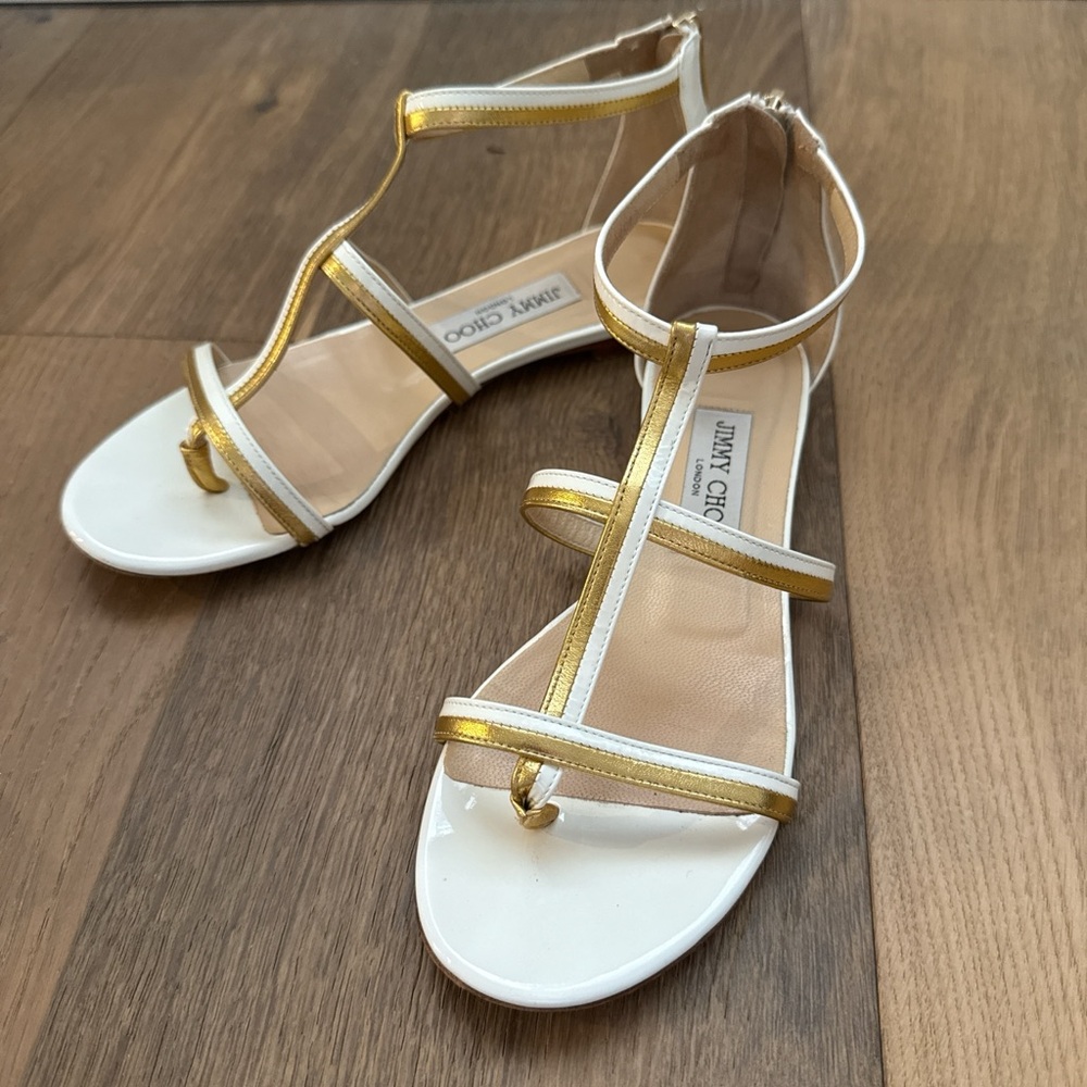 Jimmy Choo Gold and White Strappy Sandals
